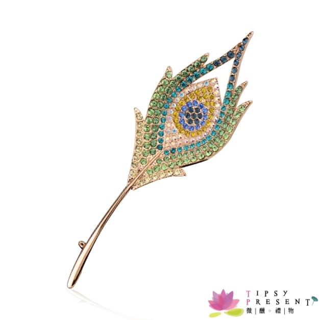 胸針 高級水鑽 合金鍍K金 華麗孔雀羽毛 胸針 微醺 禮物