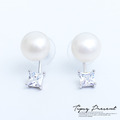 耳環 頂級鋯石 鍍白金 大珍珠+方鑽 耳環 微醺禮物