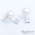 耳環 頂級鋯石 鍍白金 大珍珠+方鑽 耳環 微醺禮物_1