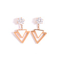 正韓 耳環 鋼針 鋼飾 尖底圓鋯 垂墜 三角重疊幻影 白漆 耳針 耳環 微醺。禮物 (可改耳夾）