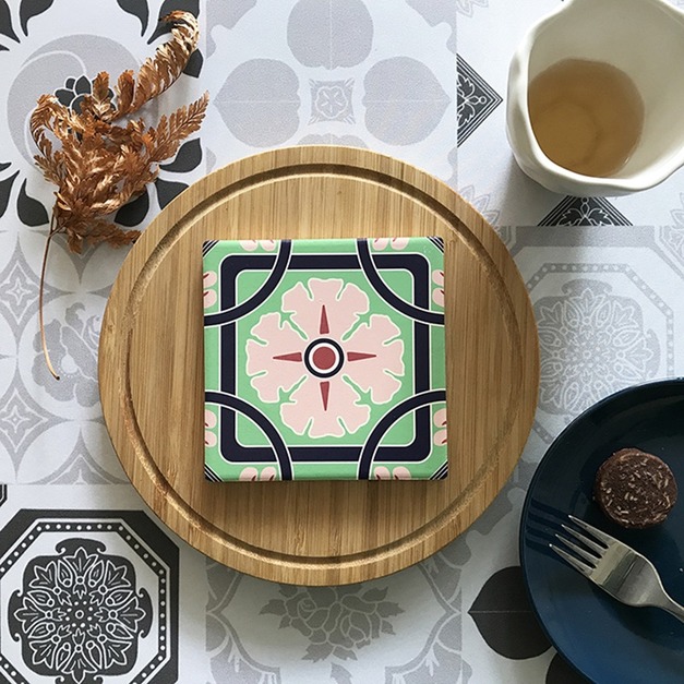 【捲毛力卡QUEMOLICA】-花磚吸水杯墊-綠-美人芙蓉花