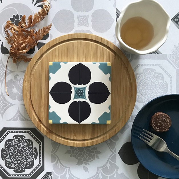 【捲毛力卡QUEMOLICA】-花磚吸水杯墊-藍-深藍艾莉絲