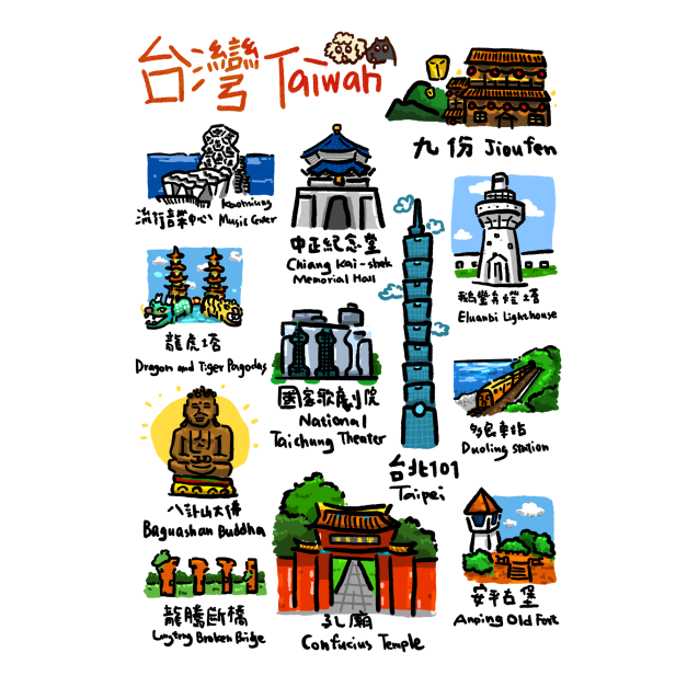 【黑面皮獸插畫】明信片-臺灣景點