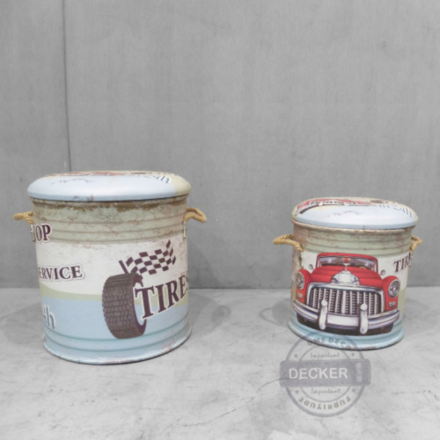 塗鴉收納矮凳 C款 - 仿舊工業風家具 收納鐵皮圓筒 兩件式