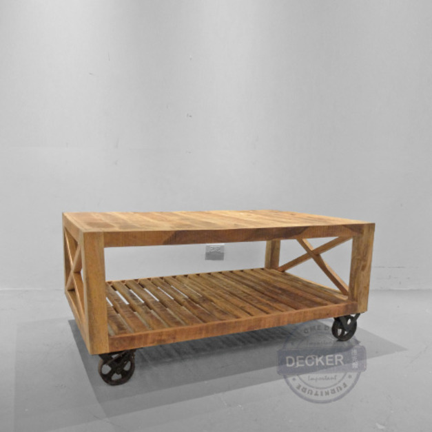 交叉木板車茶几 123cm - Loft粗曠工業風格 滾輪實木移動邊几