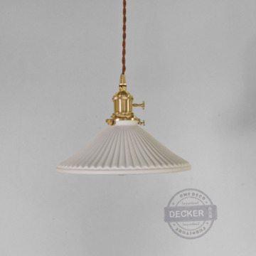 粗陶紙扇吊燈 - 老式復古摺紙 黃銅雙開關 透光白陶