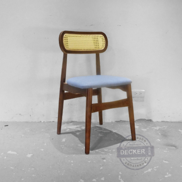 芮特軟墊餐椅 (藍墊胡桃木色) - 網狀編織 藤編藝術 老式現代