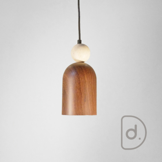 石鏗吊燈 (原木/胡桃木) - 自然黃洞石 轉印鐵件 時尚燈飾