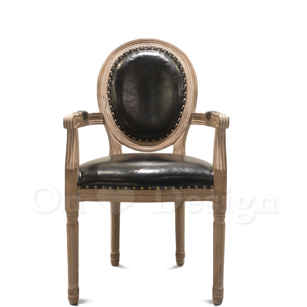 法式 復古 美式 經典 工業風 歐洲設計 仿舊 扶手 樺木實木 鉚釘餐椅-黑皮