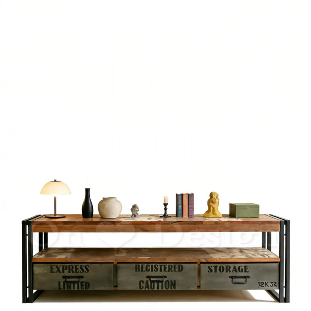 印度製🔥現貨🔥 免運🔥 工業風 仿舊 回收木 手工製作 沃特字繪 三抽 電視櫃 B款