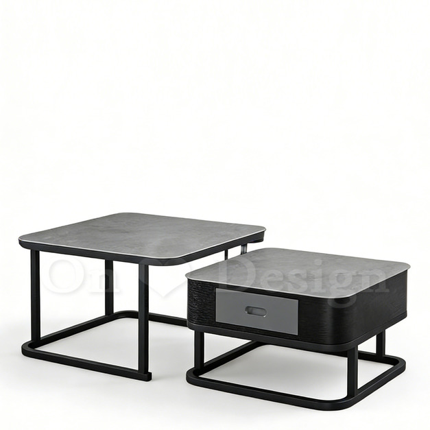 現貨出貨🔥美式 咖啡桌 亞瑟 兩件式 方形 岩板強化玻璃 帶抽屜 茶几