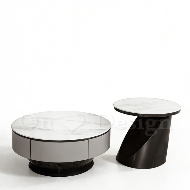 現貨🔥 免運🔥美式 咖啡桌 客廳茶几 洛勒 兩件式 大理石紋 岩板 帶抽屜 茶几