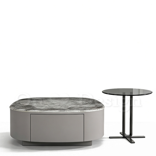 現貨🔥 免運🔥美式 咖啡桌 客廳茶几 灰勒 兩件式 超晶石 強化玻璃 帶抽屜 茶几