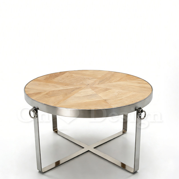 現貨出貨🔥免運🔥印度手工 木頭拼花 復古工業 實木 歐普 不鏽鋼 圓茶几-80CM