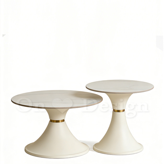 現貨🔥美式咖啡桌 大理石紋 岩板 兩件式 喇叭 鍍金 茶几-白色