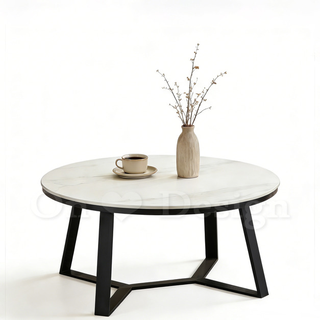 現貨🔥美式  奢華風 大理石 客廳 咖啡桌 對稱三角  黑鐵 大圓形 茶几-90CM