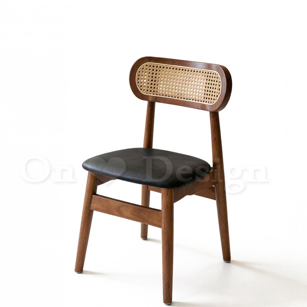 北歐實木  扶手 餐椅 餐廳椅  藤編椅靠背 藤本 餐椅 B款 胡桃/黑皮