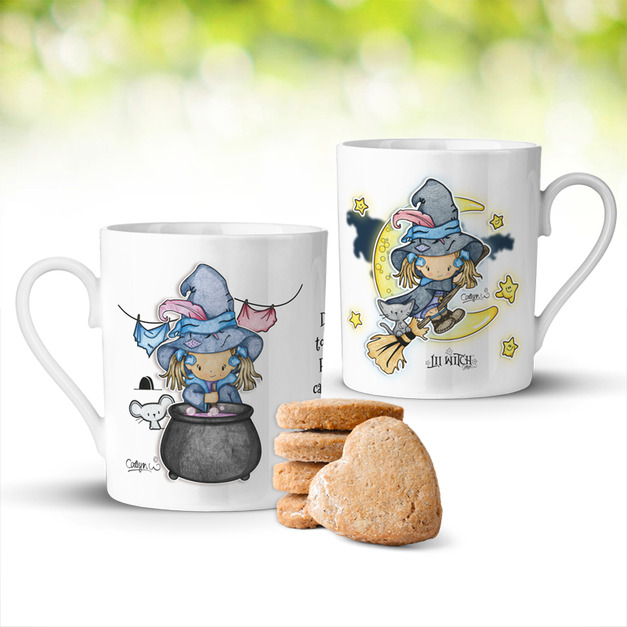 Lil Witch英國原創設計釉面陶瓷馬克杯-魔釜滾滾+飛越彎月(魔幻典藏組)