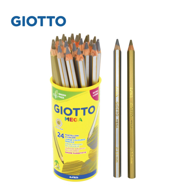 【義大利 GIOTTO】MEGA 六角胖金銀色鉛筆(24支)附筆筒