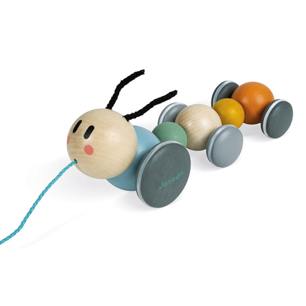 ★絕版品【法國Janod】北歐簡約木玩-毛毛蟲拉車