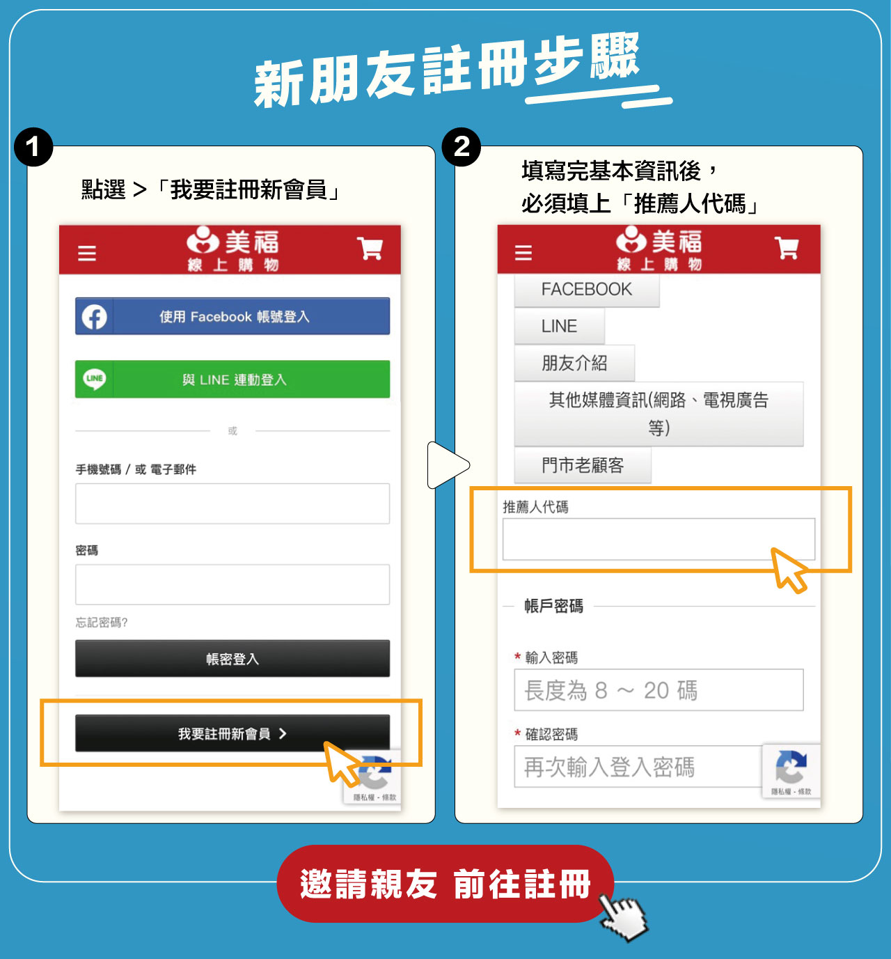 新朋友註冊步驟：1.點選 >「我要註冊新會員 」2.填寫完基本資訊後，必須填上「推薦人代碼」