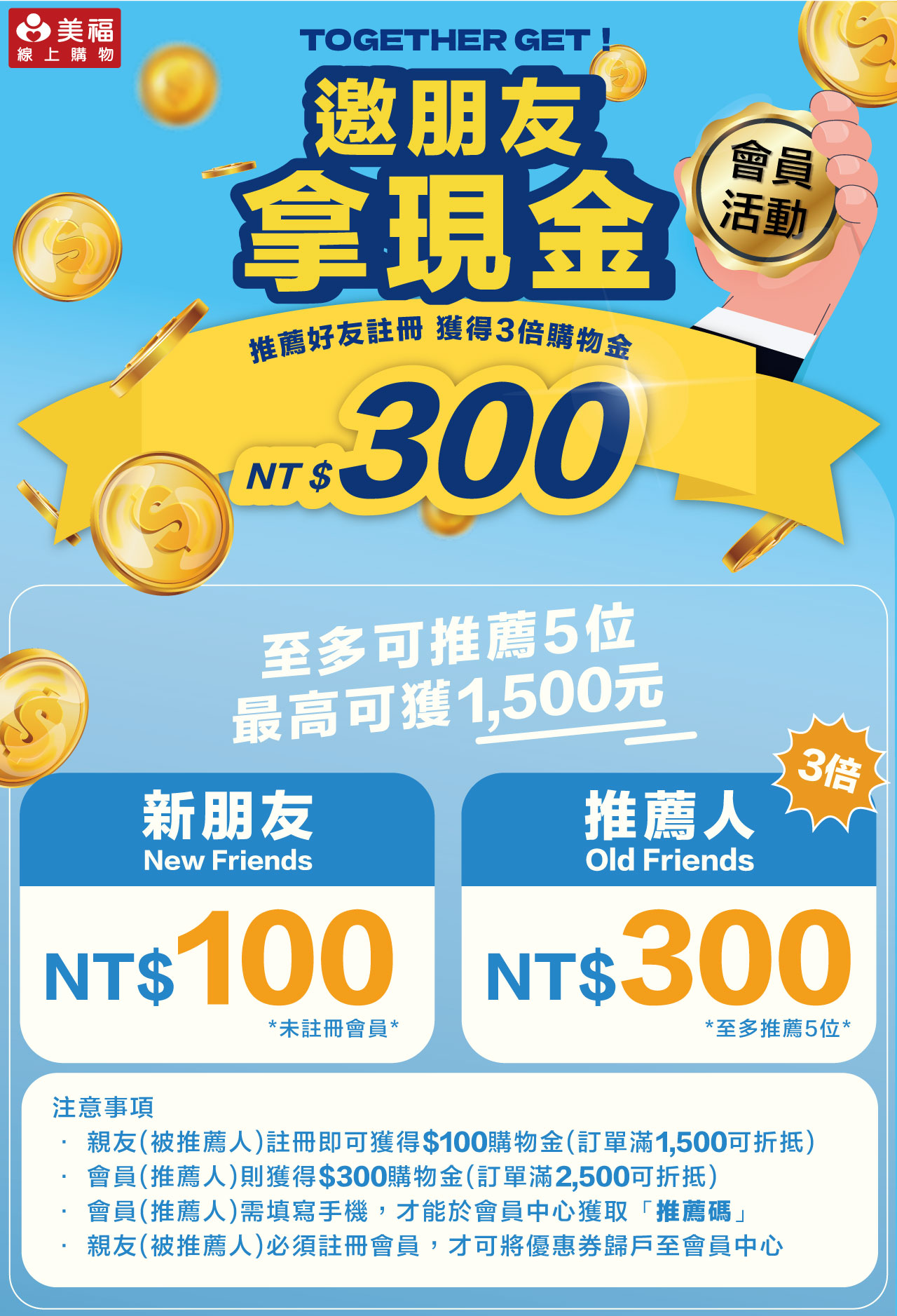 TOGETHER GET！邀朋友拿現金；推薦好友註冊，獲得3倍購物金NT $300  