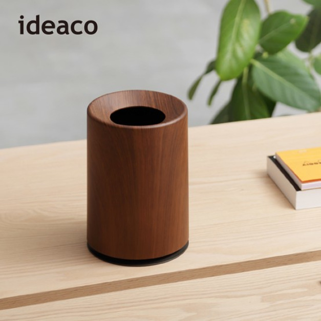 【日本ideaco】胡桃木紋摩登圓形桌邊垃圾桶-1.2L