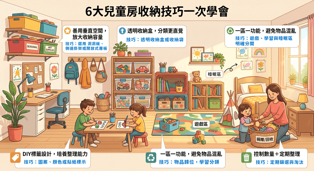 善用分區分類與垂直收納，打造整齊兒童房間收納