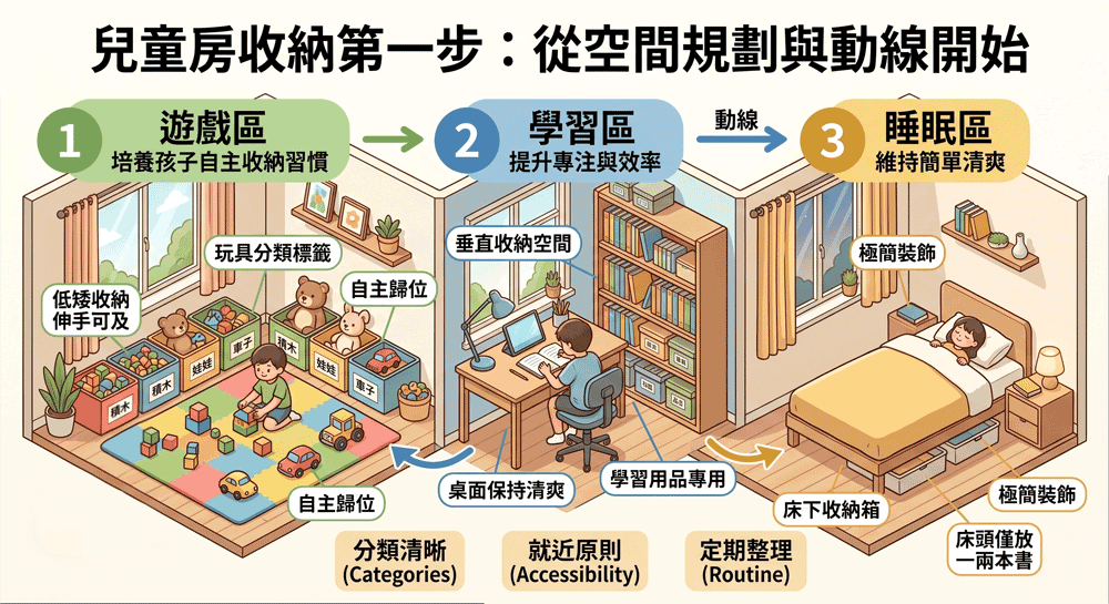 兒童收納透過遊戲、學習、睡眠各區域，分類清晰、就近拿取、定期整理，讓收納更自然融入生活