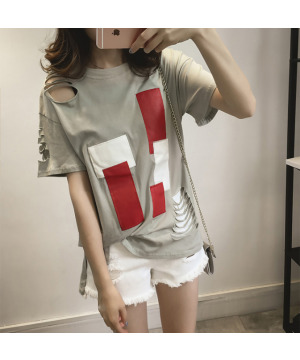 現貨4L-DK0183紅白方塊割破個性T恤$490