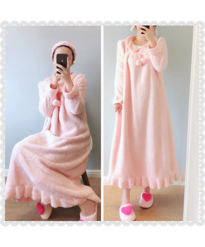 現貨4L-DK0628粉色珊瑚絨長睡裙$750