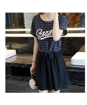 現貨4L-GA0487細條印花綁帶連身裙$650