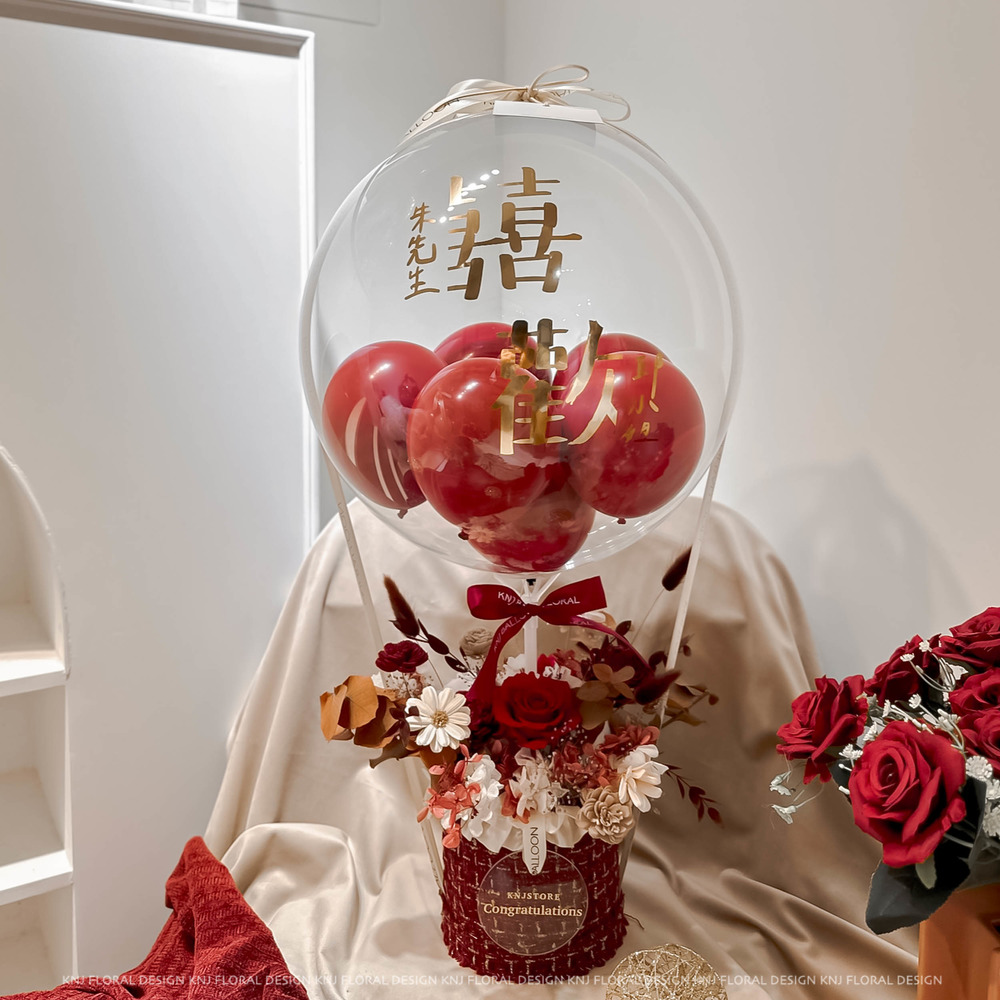 [新婚/祝賀] 溫暖深紅熱氣球永生花禮/S號