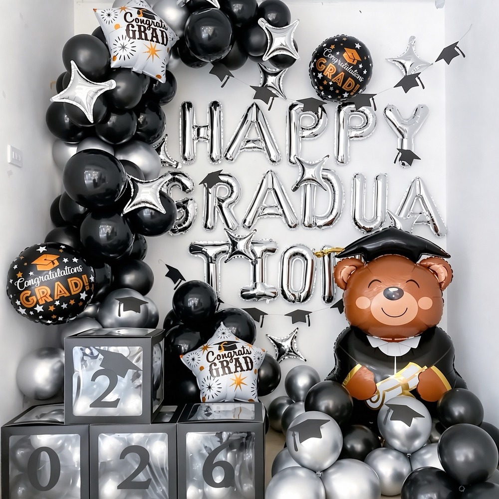【2026畢業】黑銀畢業熊派對氣球套餐