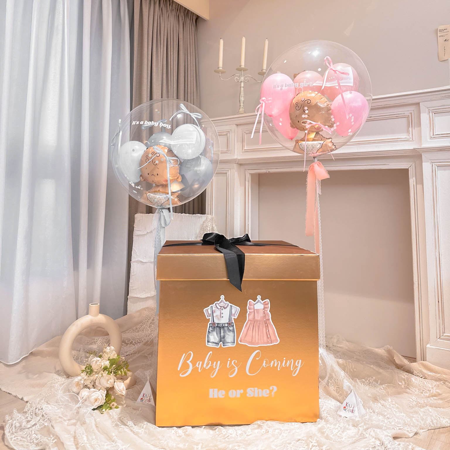 寶寶性別揭曉金色驚喜箱實拍,巨型派對開箱瞬間氣球飛出佈置 KNJ Balloon Store