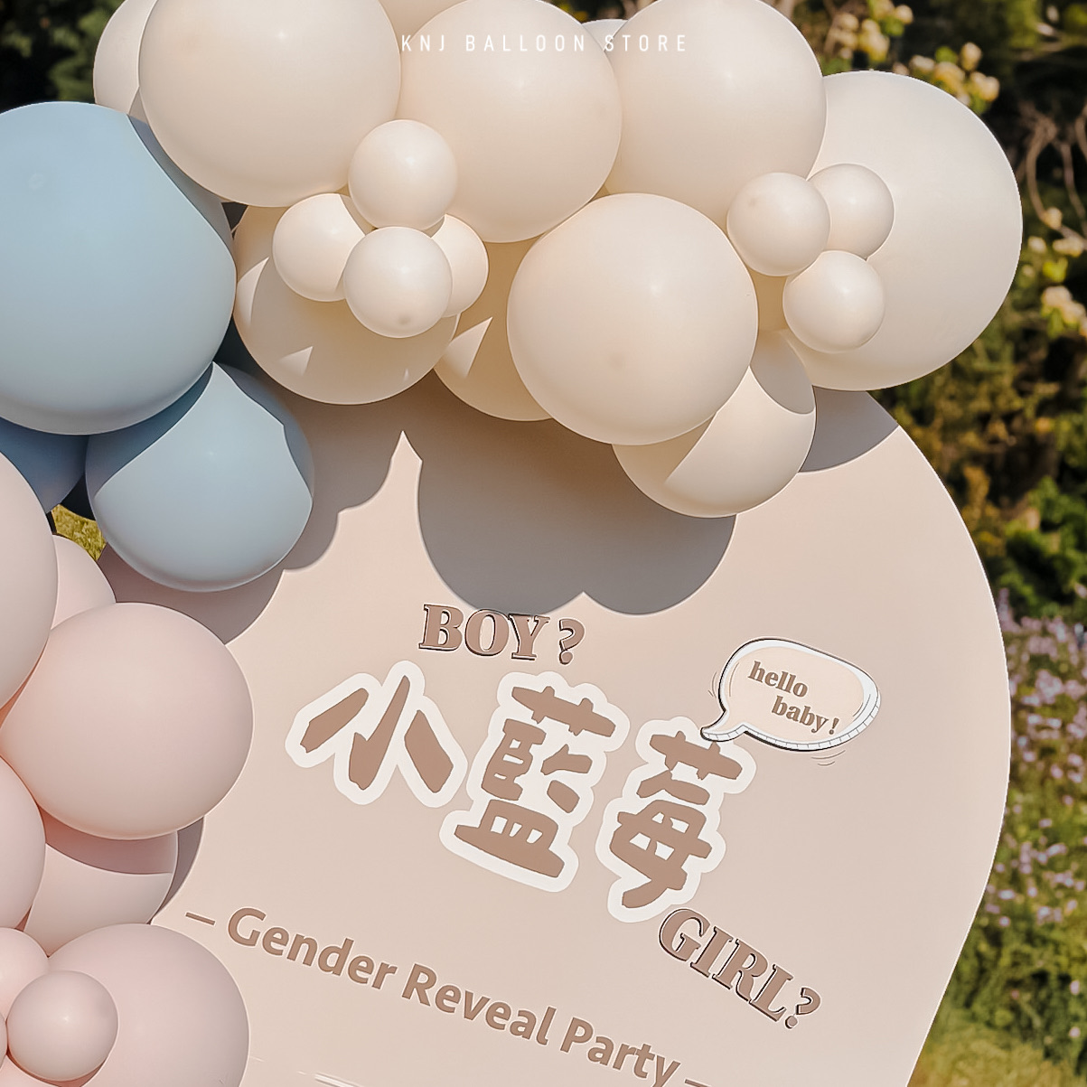 小藍莓主題粉藍奶茶色氣球與客製性別派對背板近景
