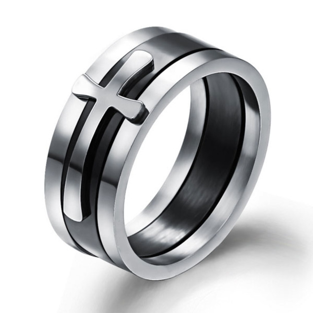 經典簡約三合一十字架鈦鋼戒指