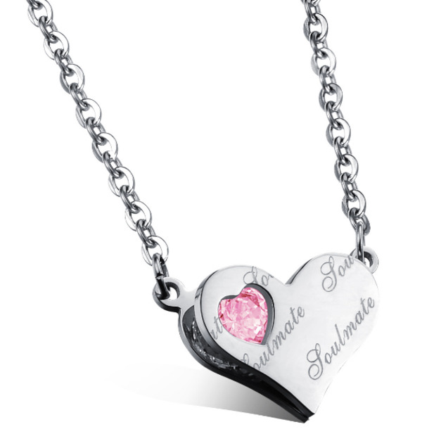 雙桃心銀白金粉鑽鈦鋼鎖骨鍊