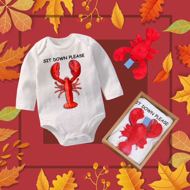 請坐好龍蝦嬰兒彌月禮盒-包屁衣長袖-白