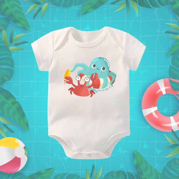 泳圈章魚逗螃蟹 包屁衣-短袖-白