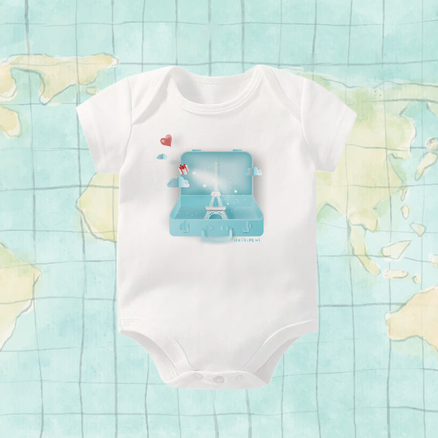 打包巴黎行李箱包屁衣-短袖-白