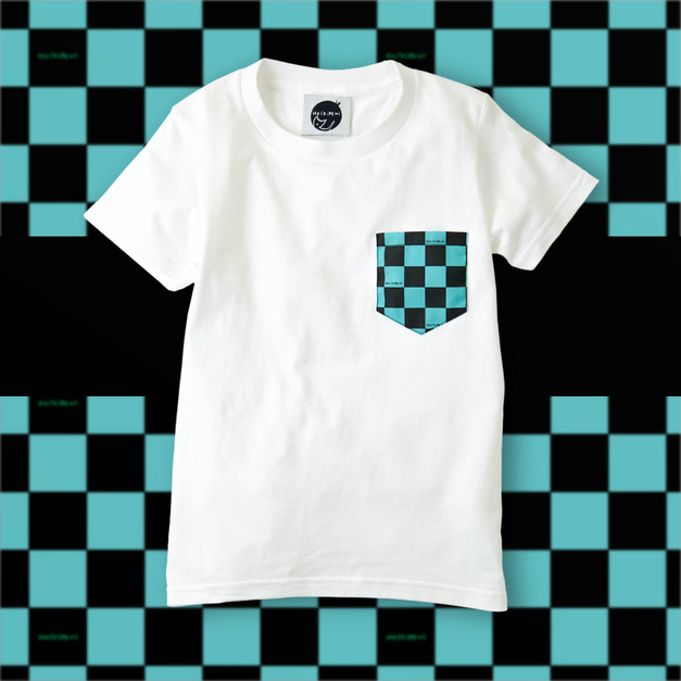日本傳統紋樣T恤-[市松-湖綠配黑]-白-童