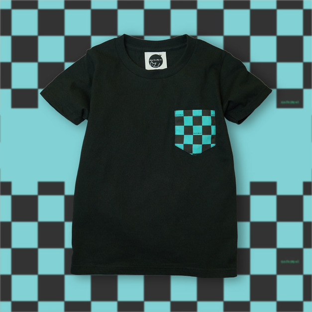 日本傳統紋樣T恤-[市松-湖綠配黑]-黑-童
