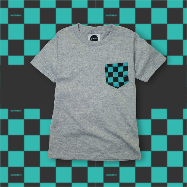 日本傳統紋樣T恤-[市松-湖綠配黑]-灰-童