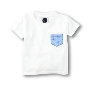日本傳統紋樣T恤-[麻葉-水藍]-白-童