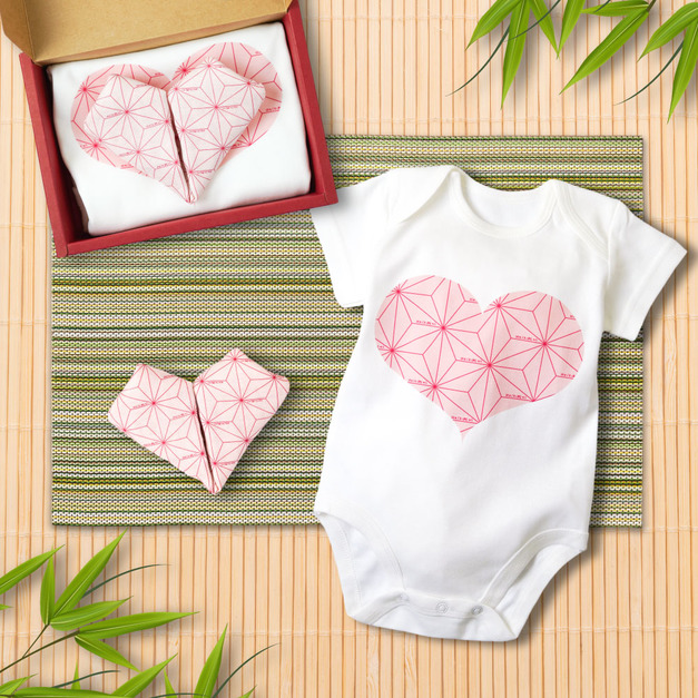 日本傳統紋樣-麻葉粉-短袖包屁衣方巾禮盒