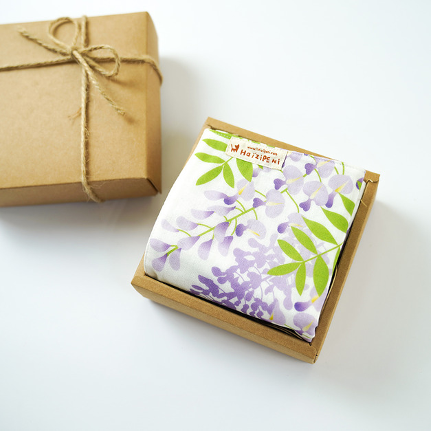 日本傳統紋樣-紫藤花-四重紗手作小方巾/手帕 -清新白