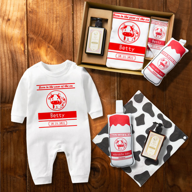 牛奶寶寶姓名生日客製禮盒3+1件組 長袖連身衣 紅色