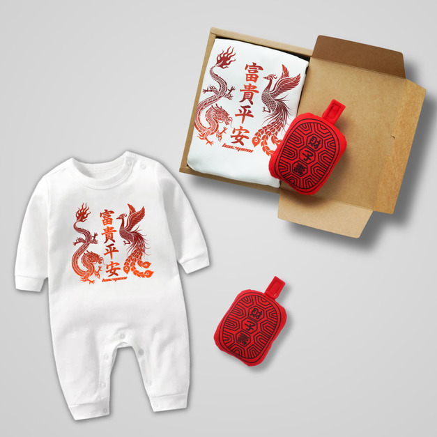 富貴平安長袖連身衣 紅龜粿啾啾安撫娃娃 喜氣紅 寶寶 禮物 新年 春節