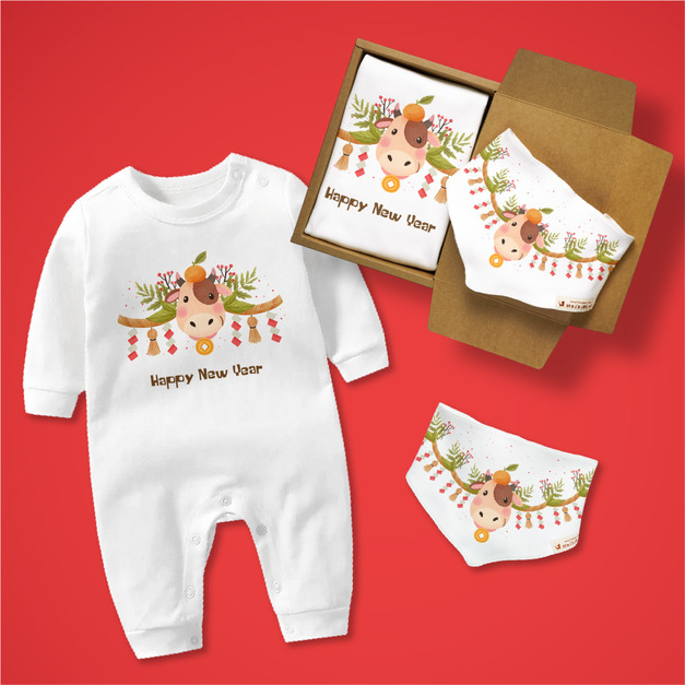 牛到吉祥 嬰兒禮盒2件組 長袖連身衣白+三角巾 寶寶姓名客製 新年 春節 禮物 2021